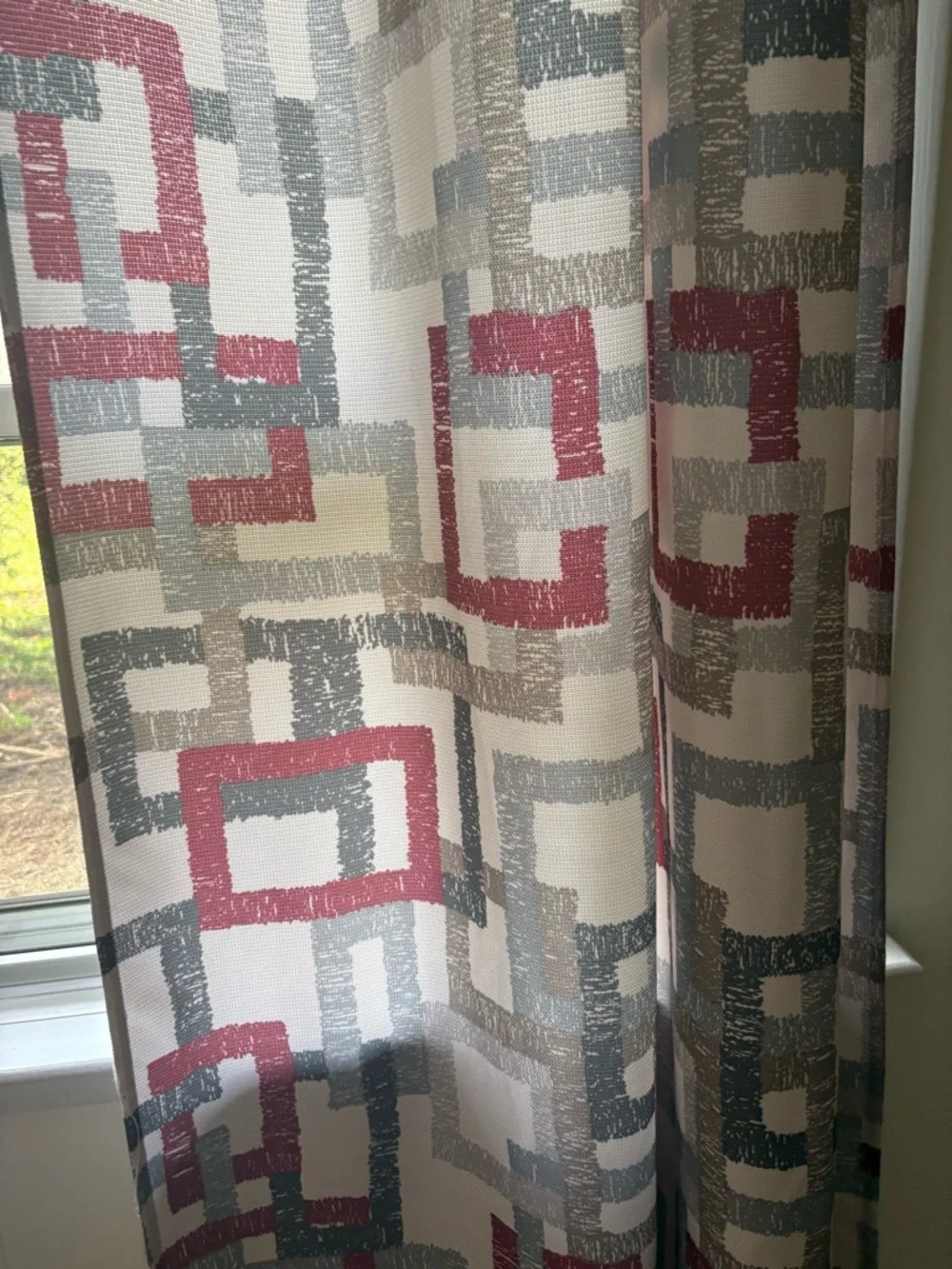 Geometric Pattern Window Curtains in Red, Gray, and Cream